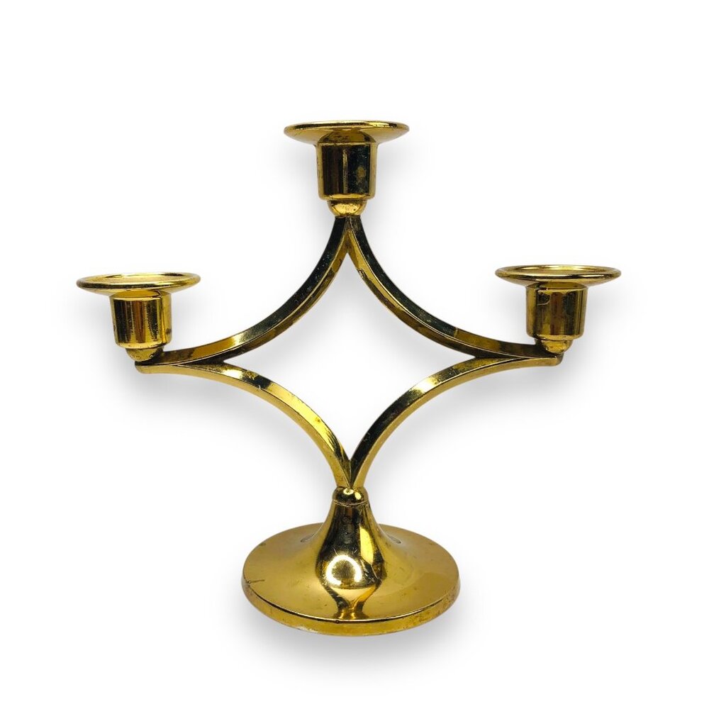 Vintage MCM England Gold Brass 3 candles Holder Candelabra Table Top Centerpiece